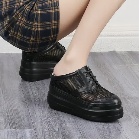 包头半拖鞋女厚底内增高单鞋2023年夏季镂空网面无后跟懒人凉拖鞋商品大图