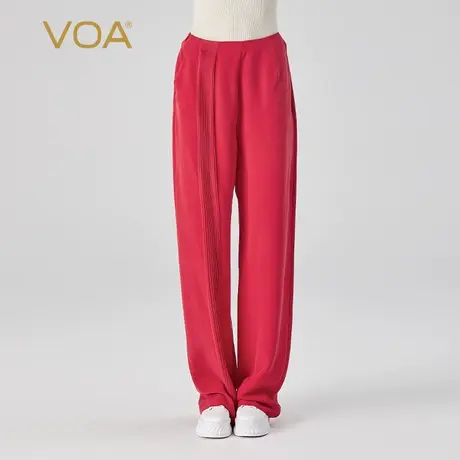 VOA30姆米重磅桑蚕丝红色自然腰不对称设计简约宽松真丝直筒裤女图片