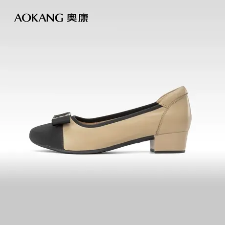 奥康女鞋 春季时尚舒适一脚蹬真皮单鞋拼色复古优雅小香风潮图片