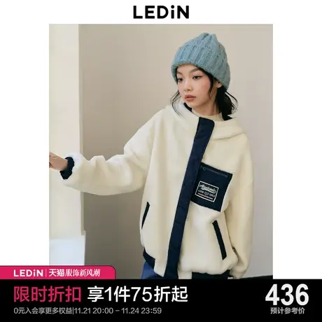乐町少女运动风连帽毛毛外套女2023年冬季新款大色块拼接宽松上衣商品大图