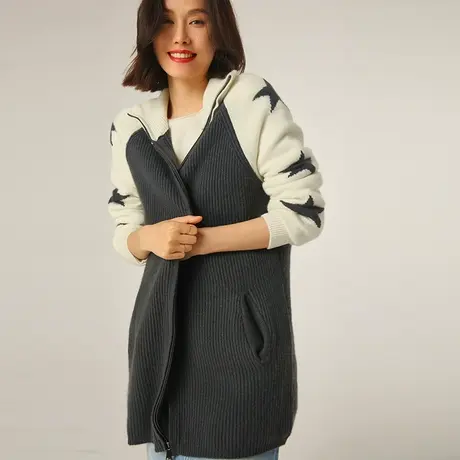 元宝针提花五角星羊绒开衫秋季2023新款女装宽松时尚百搭外套W057商品大图