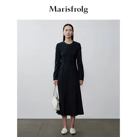 【商场同款】玛丝菲尔冬季新款设计感深蓝色收腰连衣裙女图片