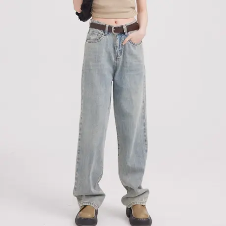 尔给美式复古潮牌浅蓝色高腰阔腿牛仔裤女夏直筒宽松2023新款裤子图片