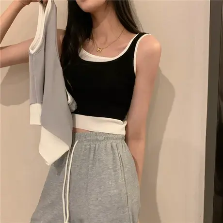 假两件甜辣妹无袖上衣女夏季2023新款设计感小众修身打底T恤ins潮商品大图