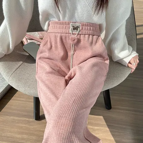 粉色灯芯绒阔腿微喇裤女秋冬季新款高腰窄版羊绒加厚休闲直筒裤子商品大图