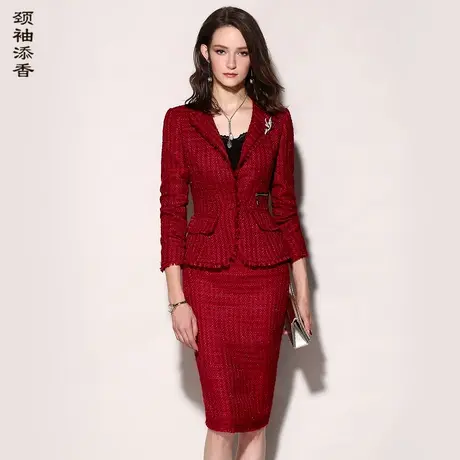 颈袖添香2024春秋新款职业套裙女装气质名媛红色小香风翻领西装裙商品大图