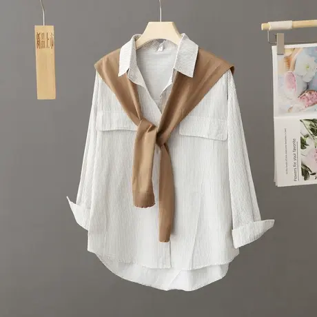 女装2024春秋新款韩版条纹中长款休闲宽松衬衫女士上衣薄外套衬衣图片
