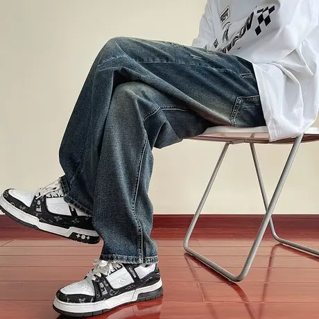 美式男士牛仔裤秋冬新款ins高街水洗拖地长裤宽松炸街直筒阔腿裤商品大图