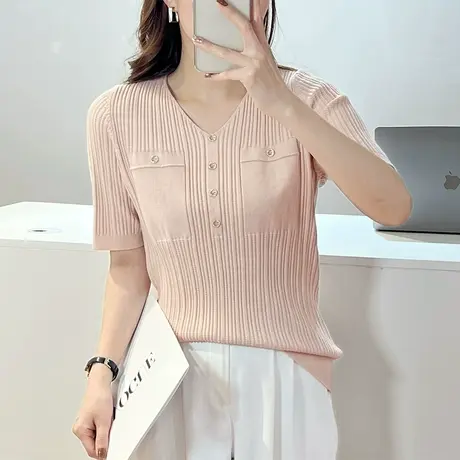 2023夏季新品V领套头针织衫毛衣女士韩版宽松短袖T恤打底上衣百搭商品大图