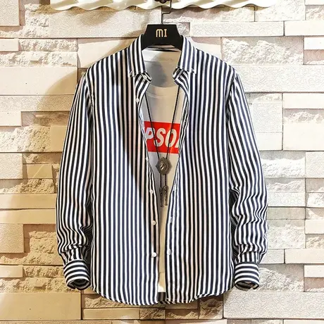 男士长袖衬衫条纹外套上衣服韩版潮流秋季男装寸衬衣帅气休闲秋装商品大图