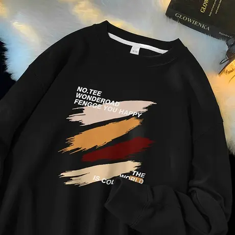 350g重磅圆领卫衣男秋冬款潮流宽松黑色长袖t恤美式休闲无帽上衣商品大图