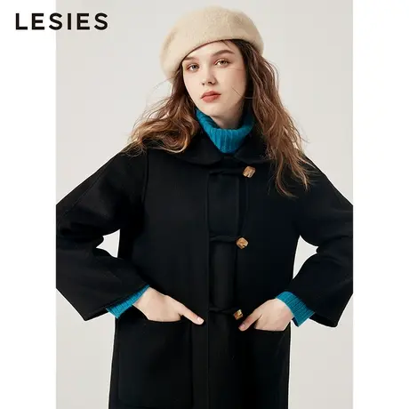 蓝色倾情 冬女装新款 黑色方形树脂扣穿绳系带羊毛双面呢大衣图片