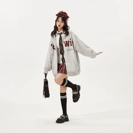 YEP复古学院风连帽复古字母卫衣女开衫外套2025新款oversize上衣图片