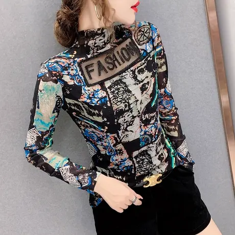加绒加厚打底衫女秋冬百搭半高领印花T恤女长袖网纱刺绣洋气上衣图片