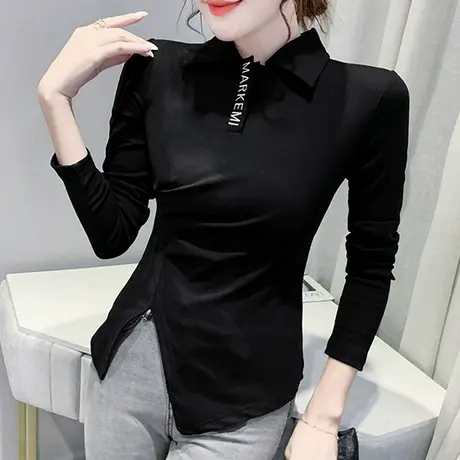 欧货POLO领T恤女长袖设计感不规则开叉上衣收腰气质打底衫春秋ins商品大图