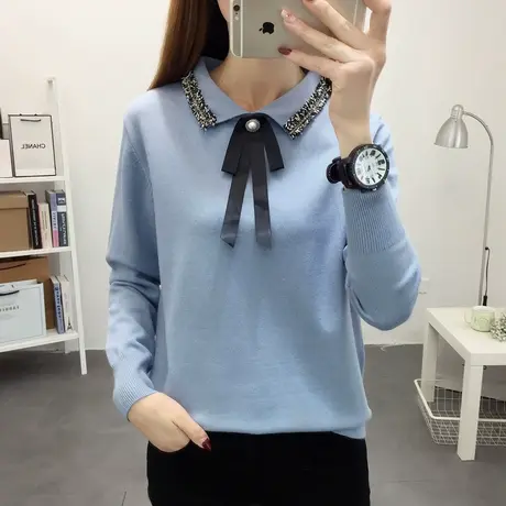 秋装新款娃娃领方领蝴蝶结套头长袖针织衫短款上衣打底衫毛衣潮图片