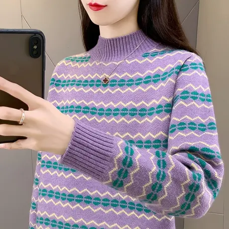 半高领条纹毛衣女2023秋冬新款外穿网红爆款针织打底衫上衣洋气女商品大图
