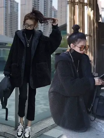 时尚加厚羊羔毛外套女2023年冬季新款韩版宽松中长款棉服连帽上衣商品大图