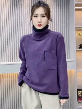 加绒保暖长袖拼接卫衣打底衫女美拉德冬季新款奥粒绒时尚高领上衣图片