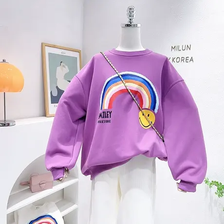 韩国东大门上衣2023春秋款ins彩虹笑脸字母卫衣欧货宽松大版遮臀商品大图