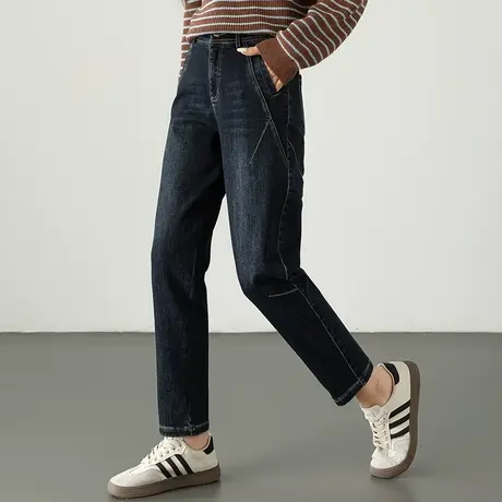 高腰加绒牛仔裤女2024新款秋冬大码女裤宽松老爹萝卜裤哈伦裤冬季商品大图