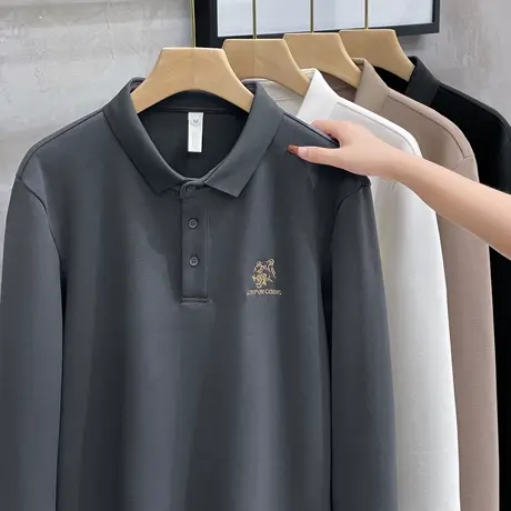 春秋季小翻领刺绣长袖polo衫男休闲宽松卫衣男士打底针织衫T恤男商品大图