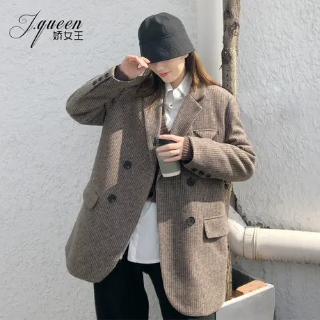 毛呢西装外套女加棉冬季新款复古宽松显瘦休闲港味英伦风呢子大衣商品大图