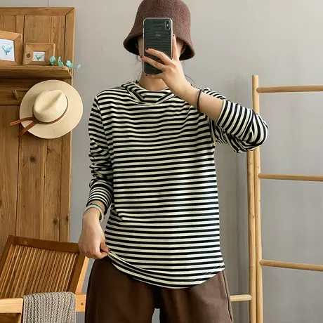 dza复古宽松条纹双面绒T恤女秋冬漂亮内搭长袖打底衫休闲连帽上衣商品大图