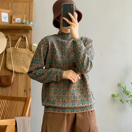 dza 复古半高领设计感长袖针织衫女秋冬内搭毛衣宽松上衣女打底衫图片