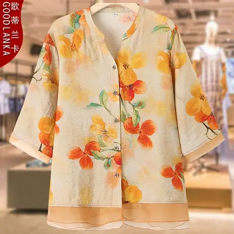 中老年妈妈夏季薄款七分袖上衣洋气时尚大码花色天丝棉衬衫200斤商品大图