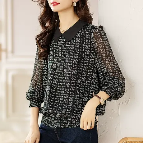 长袖雪纺衬衫女春秋季宽松加肥大码女装中年妈妈洋气遮肚显瘦上衣商品大图