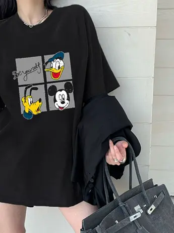 黑色仿棉短袖t恤女2023新款夏季设计感小众oversize美式潮牌上衣商品大图