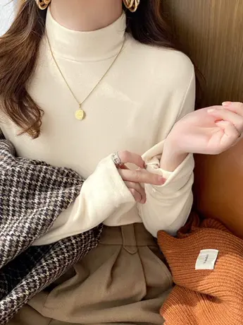 半高领双面德绒打底衫女秋冬季内搭加绒加厚2023新款洋气白色上衣商品大图