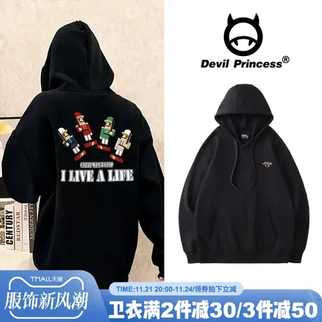 ulzzang小众卡通ins潮牌黑色卫衣女宽松古着感炸街超火帽衫外套厚商品大图