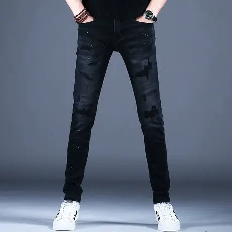 黑色破洞乞丐裤子男修身小脚牛仔裤男款2023新款高端潮牌潮流男裤商品大图