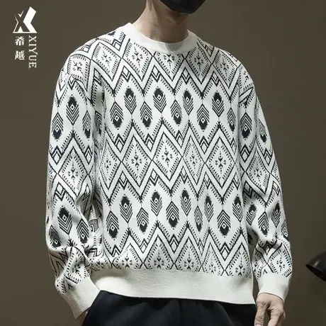 希越国风14针针织圆领男士毛衣2023秋冬季宽松大码日系慵懒感线衣图片