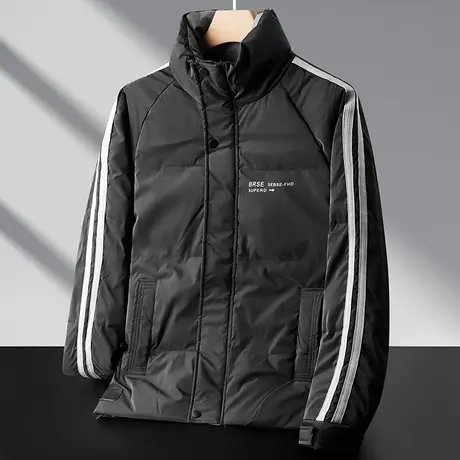 冬季魔术贴袖口条纹立领情侣白鸭绒羽绒服男士2023年新款防风外套商品大图