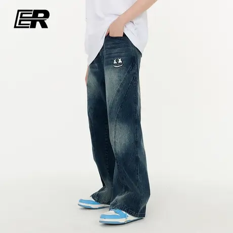 er笑脸复古牛仔裤男秋冬季潮牌美式街头拼接休闲长裤宽松直筒裤子商品大图