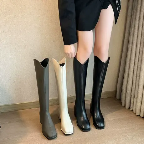 长筒靴女2023春秋季新款时尚高级洋气小个子瘦瘦靴粗跟高跟骑士靴图片