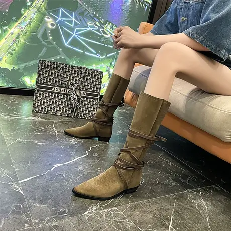复古西部牛仔高筒靴女粗跟2024年秋冬新款尖头显瘦百搭绑带长筒靴图片