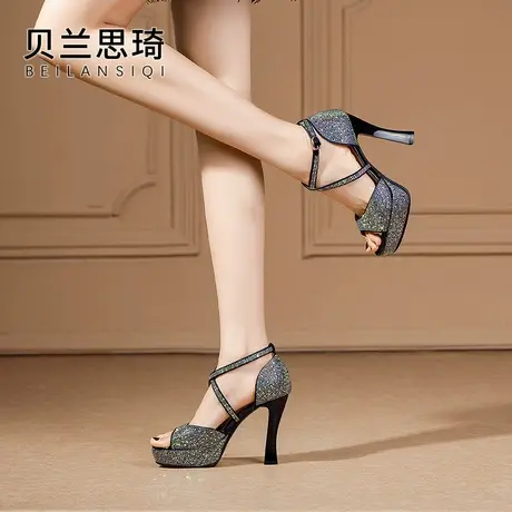 时尚水钻交叉绑带防水台高跟凉鞋女2023夏季新款性感厚底粗跟凉鞋商品大图