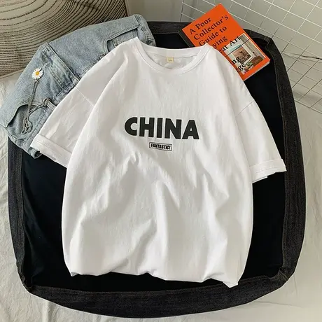 中国国潮牌字母宽松短袖t恤纯色上衣男纯棉半袖体恤圆领潮流夏季商品大图