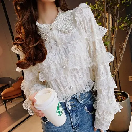 粉红大布娃娃珍珠领蕾丝荷叶边宽松衬衫2022新款春甜美气质上衣女商品大图