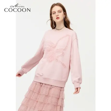 【秋上新】missCOCOON网纱绣花上衣2023秋新款女宽松粉色长袖卫衣商品大图