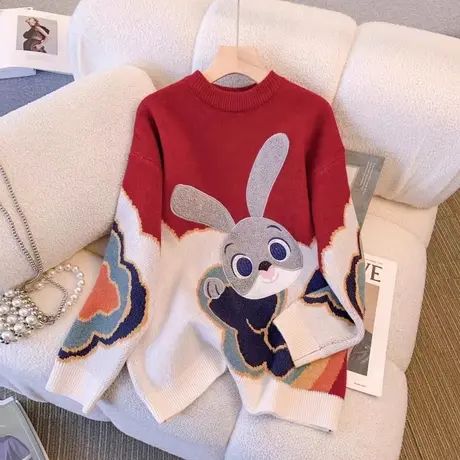 本命年红色加绒毛衣女秋冬加厚打底衫2023年新款宽松洋气针织内搭图片