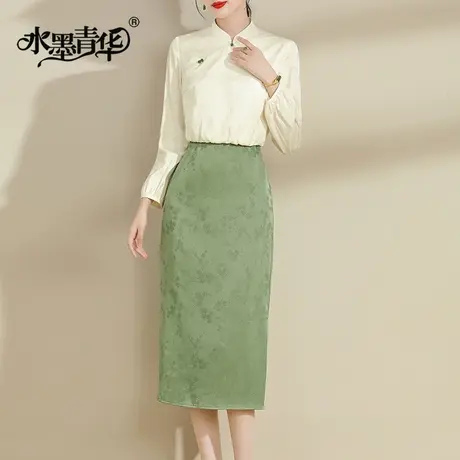 水墨青华2024时尚提花拼接连衣裙新款春装优雅百搭假两件套裙商品大图