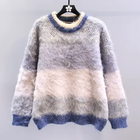 日系软糯条纹套头毛衣女冬季2023新款宽松加厚中长款学生针织上衣图片