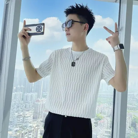 夏季空洞格子潮牌纯色ins男士t恤打底衫短袖修身半袖潮流圆领体恤商品大图