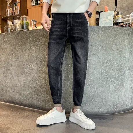 2023秋季潮牌复古牛仔裤男弹力修身小脚韩版高街宽松哈伦休闲长裤商品大图