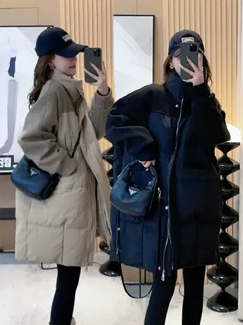 毛呢拼接中长款羽绒服设计师款女冬季2024新款欧货白鸭绒外套潮款图片